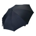 Navy umbrella with fibreglass frame shown open displaying eight panels and curved hook handle