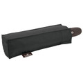 Charcoal compact folding umbrella in black sleeve with brown ergonomic handle and Umbra woven label