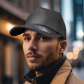 Man wearing charcoal waxed cotton cap with reflective peak trim, urban evening setting