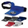 Moisture-wicking sports visor with adjustable black elastic strap, shown in royal blue, red, white, charcoal, black and navy