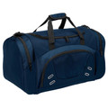 Navy blue sports duffle bag with black handles and trim, featuring multiple zippered compartments and front pocket