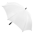 White wind-resistant golf umbrella with black handle and SPF protection, shown open from angled view