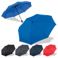 Compact auto-open umbrellas in royal blue, black, navy and red with curved handles shown open from multiple angles