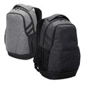 Heather grey and black laptop backpacks shown front and back with contrast zip panels and mesh side pockets