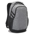 Grey heather laptop backpack with black contrast trim, padded shoulder straps and mesh side pocket