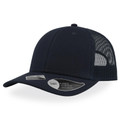 Black trucker cap with recycled fabric front panels and mesh back in curved peak style