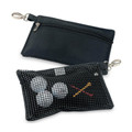 Black microfibre zippered pouches with mesh panel and metal swivel clip attachment shown with golf balls
