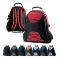 Black and red 28L backpack front and back view with bungee front pocket, padded straps, and rubber grip handle, shown in eight colour options