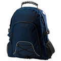 Navy backpack with grey piping, padded straps, front zippered pocket, mesh side pockets and elastic cord detail