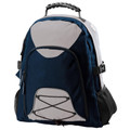Navy blue and grey backpack with contrast panels, mesh side pockets and padded shoulder straps