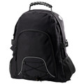 Black backpack with grey piping detail, front zippered pocket, mesh side pockets and padded carry handle