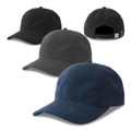 Recycled corduroy six-panel caps in black, charcoal and navy, showing front and rear metal buckle closure