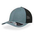 Heathered slate blue front panels with black mesh back trucker cap featuring curved brim and structured crown