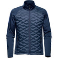 Men's navy blue hybrid insulated jacket with quilted thermal front panels and smooth stretch fleece sleeves and sides