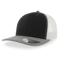 Black and white mesh trucker cap with heather grey flat peak and structured 6-panel construction