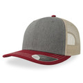 Heather grey and cream trucker cap with burgundy peak and contrast stitching detail