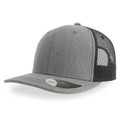 Grey heather front panel trucker cap with charcoal mesh back and snapback closure
