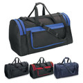 Black sports duffle bag with royal blue contrast trim, zippered side pockets and adjustable shoulder strap