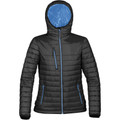 Black quilted puffer jacket with hood featuring sky blue contrast lining and zipper details