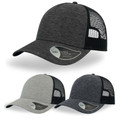 Heathered charcoal melange front panels with black mesh back trucker cap featuring curved peak