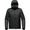 Charcoal quilted puffer jacket with hood and full-length zip, horizontal channel stitching throughout