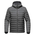 Graphite grey men's quilted insulated hooded jacket with full-length zip and channel-stitched panels