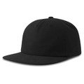 Black organic cotton flat peak cap with structured six-panel crown and snapback closure