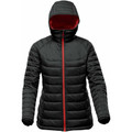 Charcoal grey quilted puffer jacket with burgundy red lining and red zipper, hooded thermal design