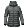 Graphite women's quilted thermal jacket with attached hood, centre-front zip and contrast raglan sleeves