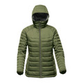Women's olive green quilted thermal jacket with attached hood, full-length zip and charcoal contrast lining
