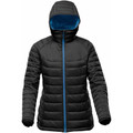 Charcoal quilted puffer jacket with royal blue contrast zipper and hood lining
