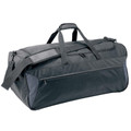 Large black duffle bag with dual top handles, shoulder strap, front zip pocket and contrast panelling