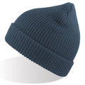 Steel blue wool blend ribbed knit beanie with deep folded cuff, packshot