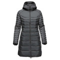 Charcoal grey women's quilted parka with attached hood and centre-front zip