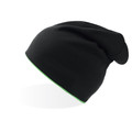 Black slouch beanie with lime green contrast trim, reversible knit construction, packshot