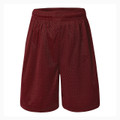 Maroon mesh basketball shorts with elastic waistband and textured fabric finish
