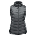 Charcoal grey quilted puffer vest with high collar and full-length front zip
