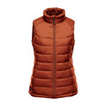 Rust orange women's quilted puffer vest with stand collar, contrast bronze zip, and horizontal baffle construction