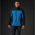Azure blue and black softshell jacket with full front zip and chest pocket on model