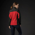 Women's softshell jacket in red and charcoal colourblock design with contrasting yoke panel