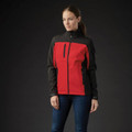Woman wearing red and black two-tone softshell jacket with full zip, chest zip pocket and contrast panels