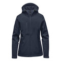 Navy women's hooded softshell jacket with full zip front and chest pocket