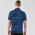 Navy and sky blue horizontal striped polo shirt shown from back with contrast collar