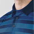 Navy and teal blue striped polo shirt with navy collar and button placket