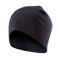 Navy blue ribbed knit beanie with classic stretch-fit construction and clean folded edge