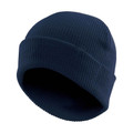 Navy blue fine-knit roll-cuff beanie with ribbed texture and structured fold