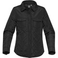 Women's black diamond-quilted insulated shirt jacket with snap buttons and dual chest pockets