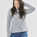 Woman wearing a grey marle lightweight long sleeve hoodie with smooth front panel and relaxed fit