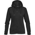 Women's black full-zip fleece hoodie with drawstring hood, kangaroo pockets and ribbed cuffs
