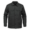 Stormtech charcoal shirt-style jacket with snap-button placket, dual chest flap pockets, and structured collar